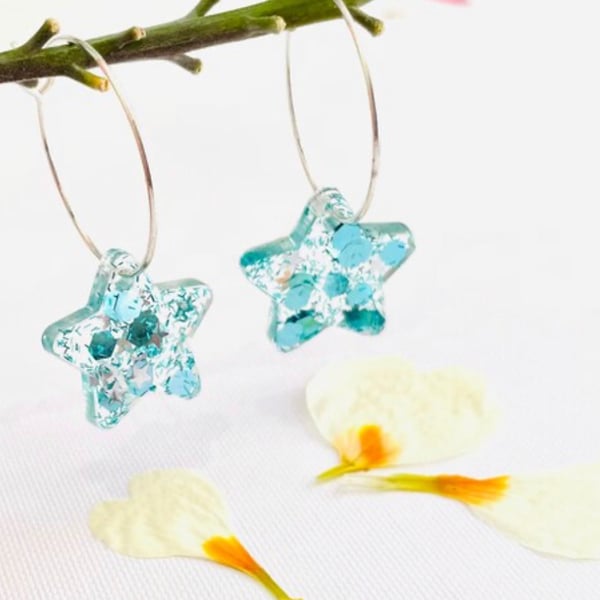 Silver hoop earrings with charm, resin star hoops, funky hoop earrings