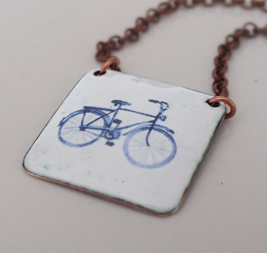 Bike enamelled copper necklace