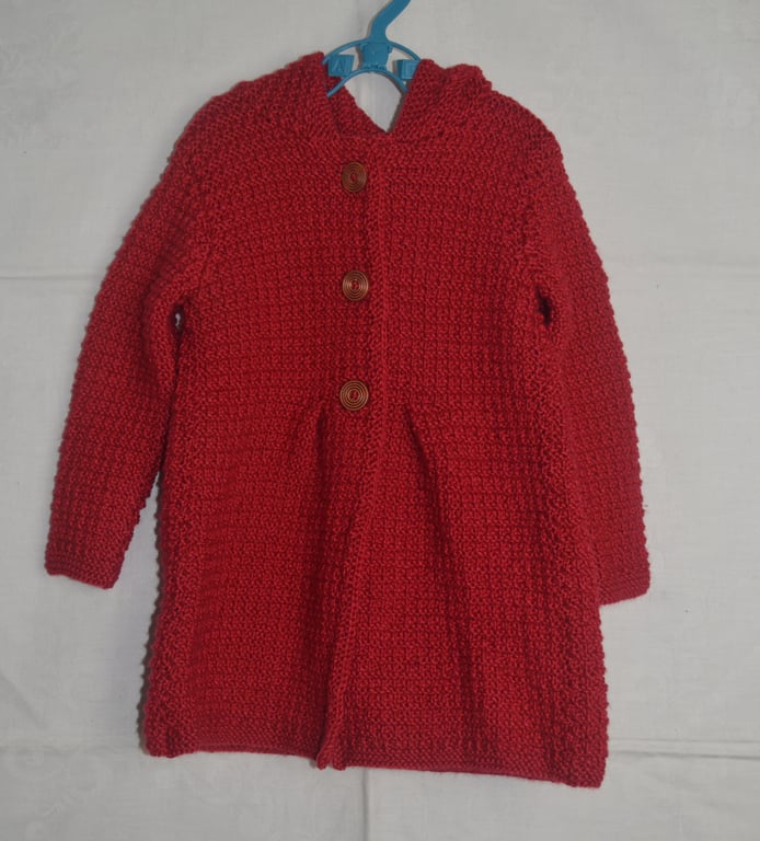 Hand Knitted Baby Toddler Hooded Coat Red Nylon Acrylic 18 months