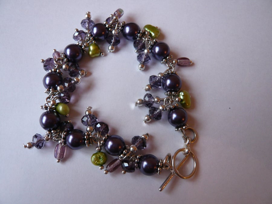 Purple Faux Pearl and Purple Rondelle Glass Bead Bracelet