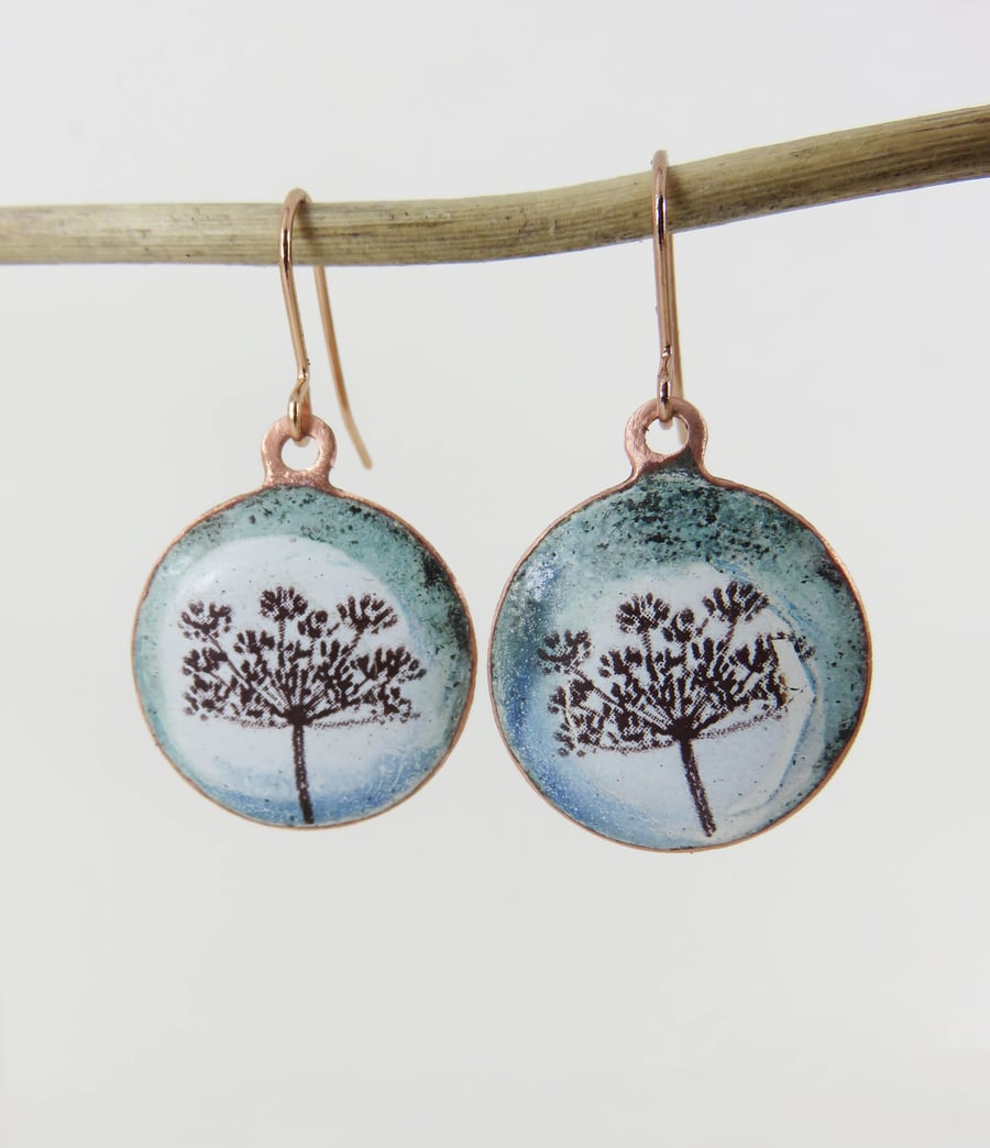 Round Copper Dangle Earrings with Enamel and Hand Drawn Detail in Blue and White