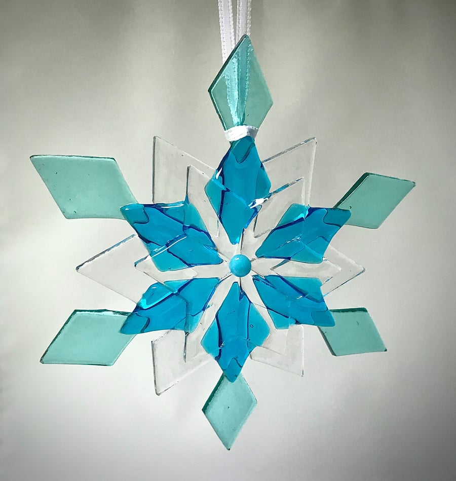 Icey Blue Glass Snowflake Hanging Decoration