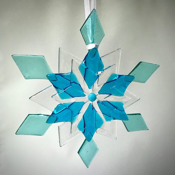 Icey Blue Glass Snowflake Hanging Decoration