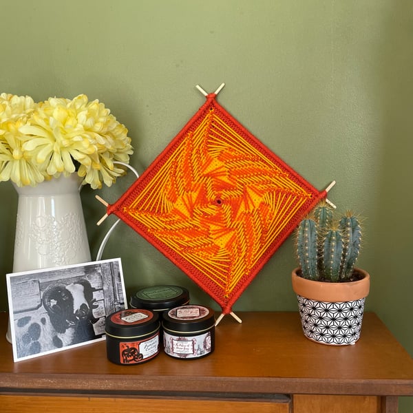 Contemporary Art, Crochet Design, Textile Artwork in Yellow and Orange. 