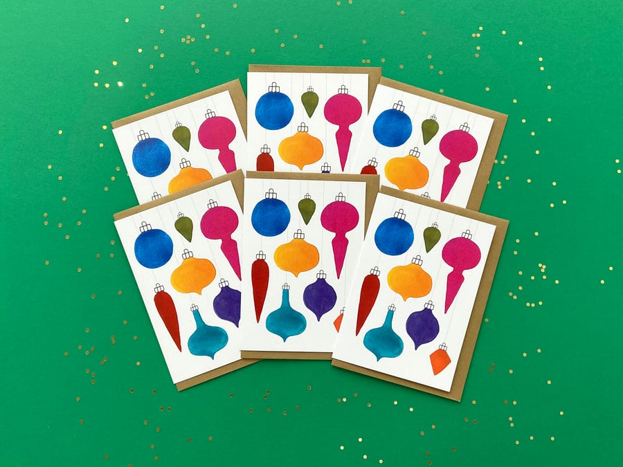 Watercolour Christmas Cards: Vintage Baubles Flat – Pack of 1, 6 or 12