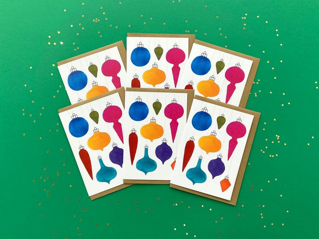 Watercolour Christmas Cards: Vintage Baubles Flat – Pack of 1, 6 or 12