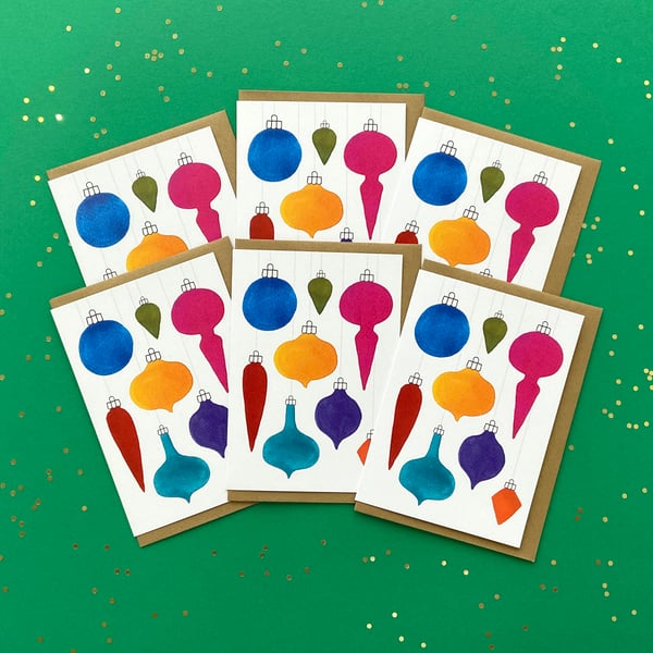 Watercolour Christmas Cards: Vintage Baubles Flat – Pack of 1, 6 or 12