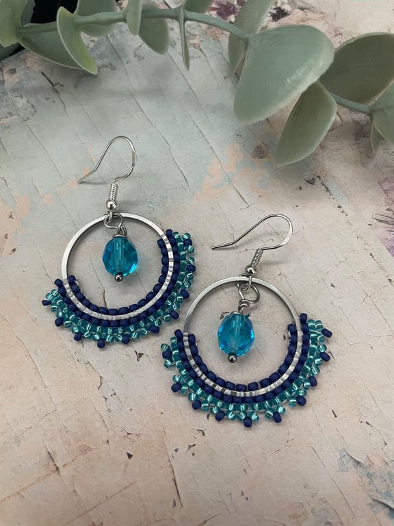 Handmade Blue & Turquoise Beaded Hoop Earrings, boho jewellery , gift for her 