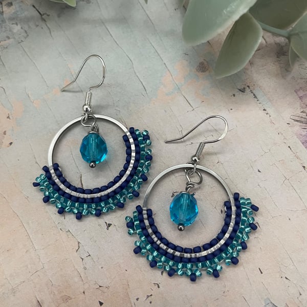 Handmade Blue & Turquoise Beaded Hoop Earrings, boho jewellery , gift for her 