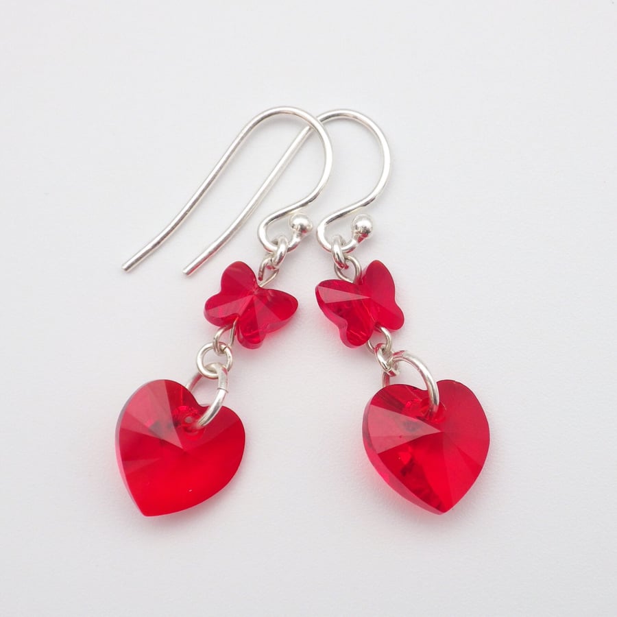 Red Swarovski heart earrings with butterfly beads