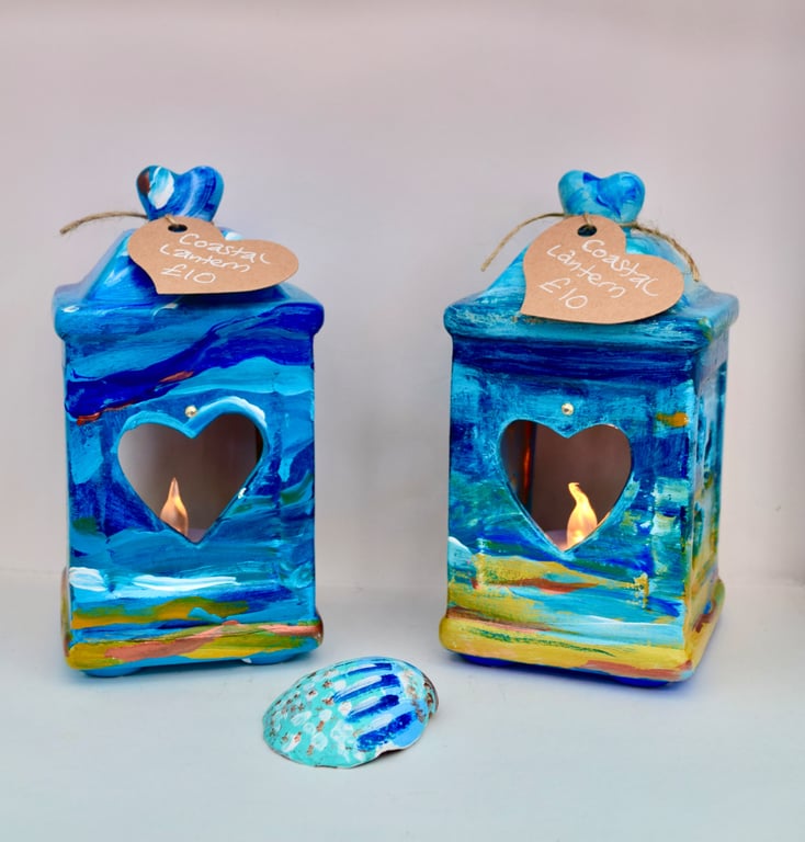 Hand-Painted Coastal Tea Light Lantern - Ceramic Seaside Candle Holder