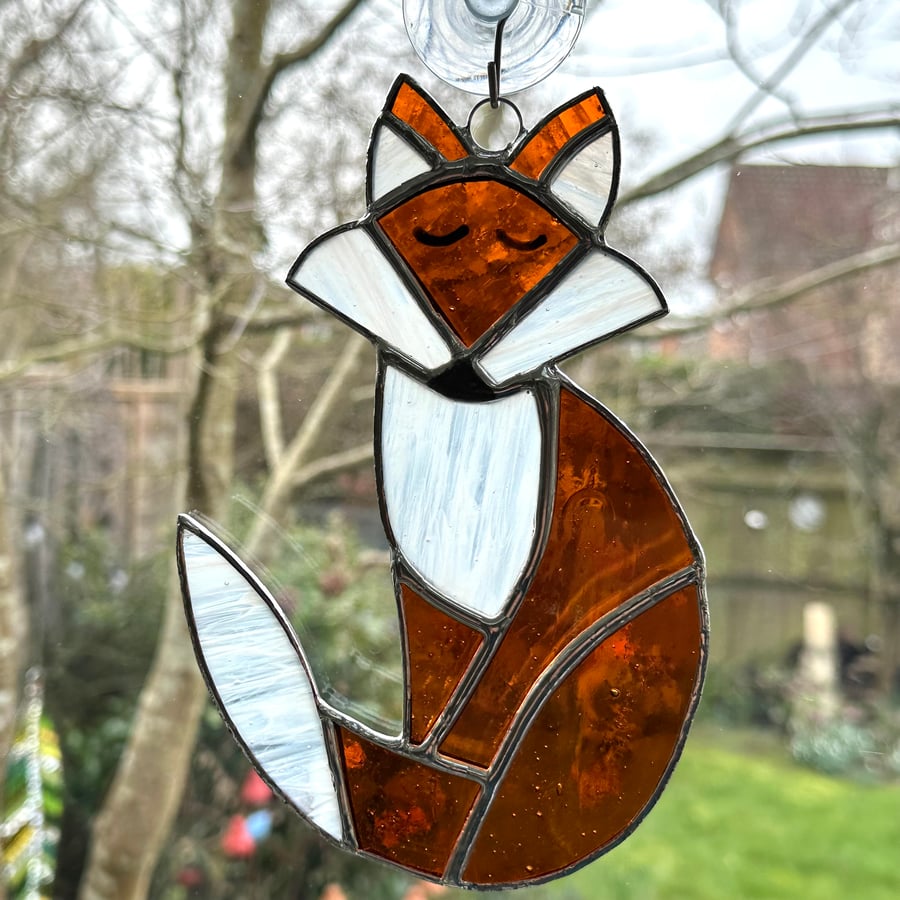 Stained Glass Fox Suncatcher Large - Handmade Hanging Decoration - Amber