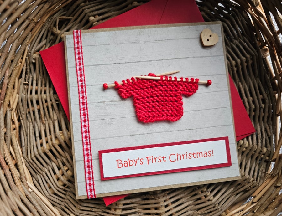 Baby's First Christmas Square Card with Red Knitted Jumper Size 5" x 5"