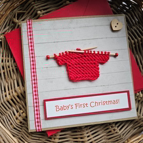 Baby's First Christmas Square Card with Red Knitted Jumper Size 5" x 5"