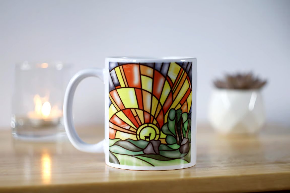 Stained Glass Style Mug: Avebury Winter Solstice Illustration
