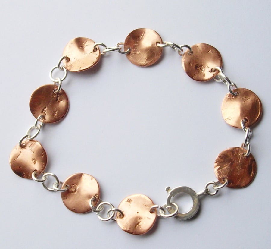 Hand Crafted Copper Disc and Sterling Silver Bracelet