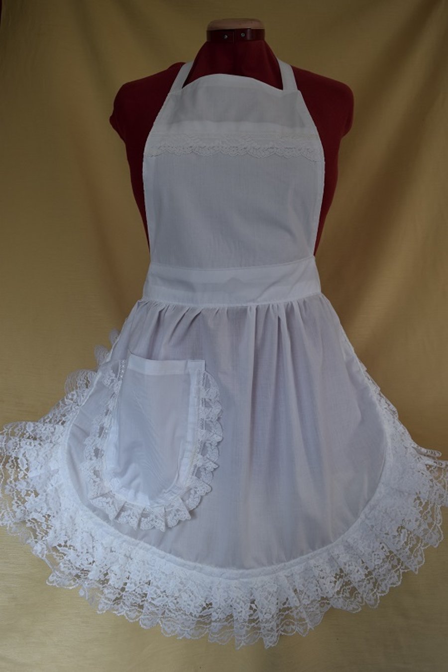 Vintage 50s Style Full Apron Pinny - White with Lace Trim