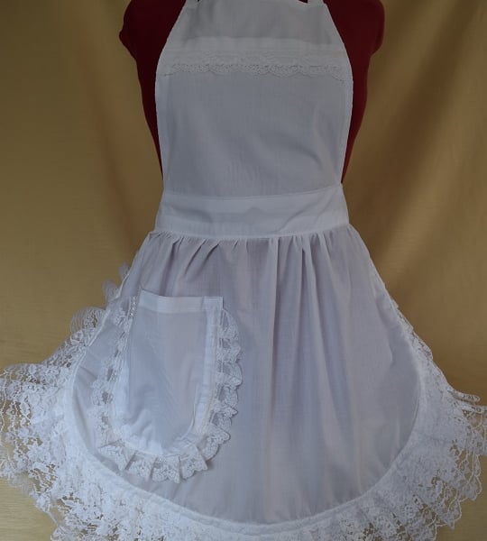 Vintage 50s Style Full Apron Pinny - White with Lace Trim