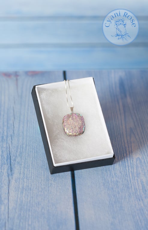 Delicate shimmer sparkle dichroic fused glass pendant pink gold