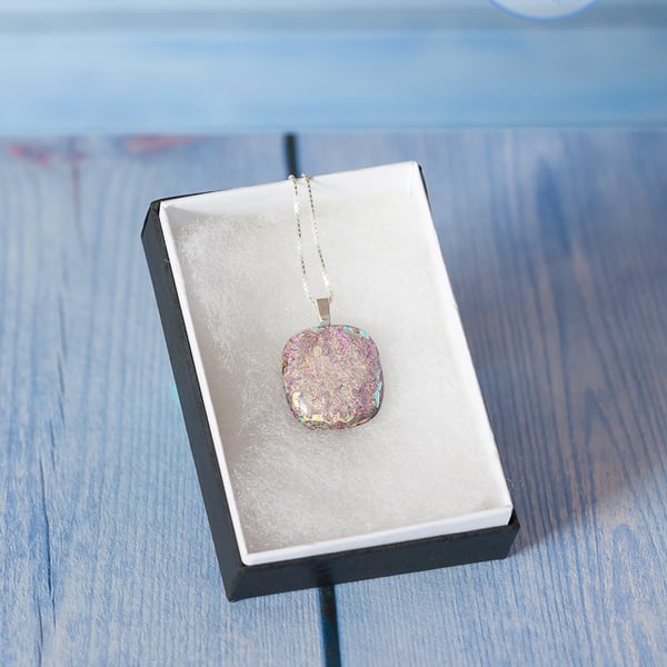 Delicate shimmer sparkle dichroic fused glass pendant pink gold
