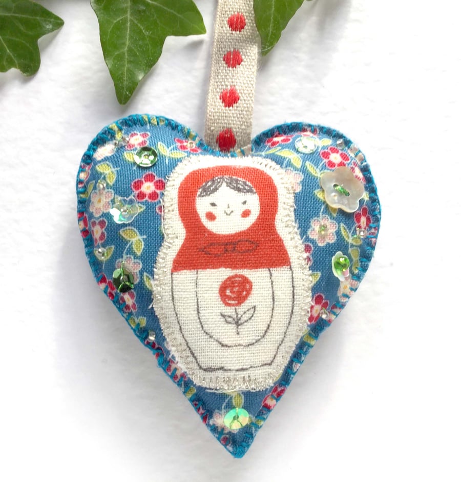 Russian Doll Hanging Heart Decoration. Hanging Ornament. Christmas Decoration.