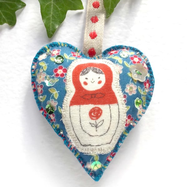 Russian Doll Hanging Heart Decoration. Hanging Ornament. Christmas Decoration.