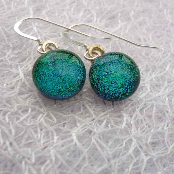Green Blue Fused Dichroic Glass Earrings