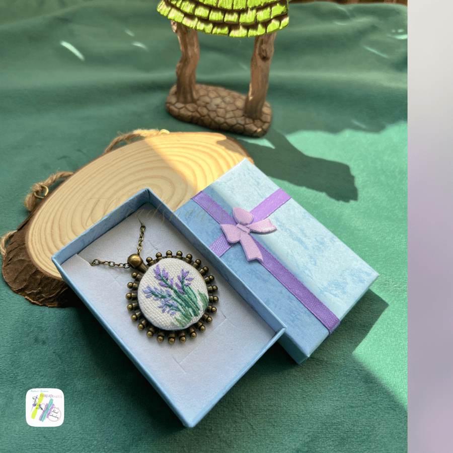 Hand embroidered pendant, round antique bronze, lavender design, handmade item,