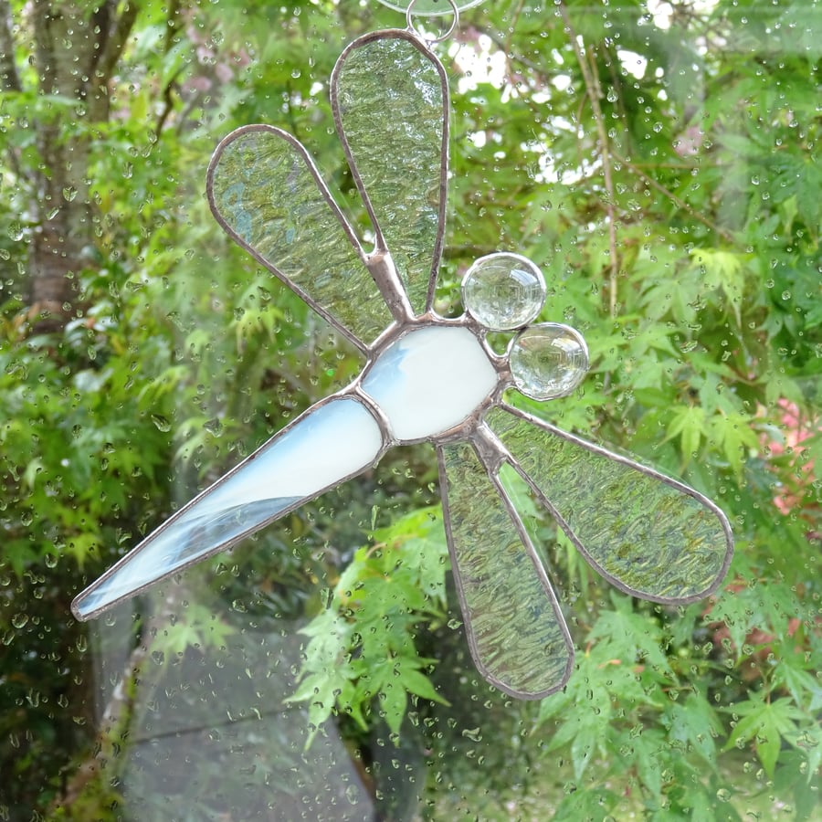 Stained Glass Dragonfly Suncatcher - White 