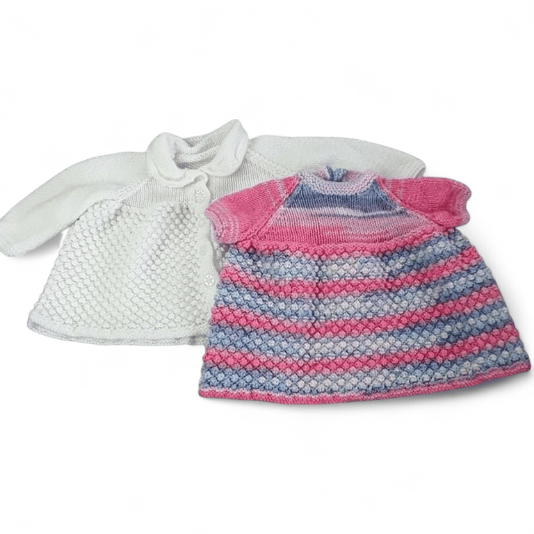 Baby Girl Hand Knitted Dress and Cardigan Set, Pink and Blue