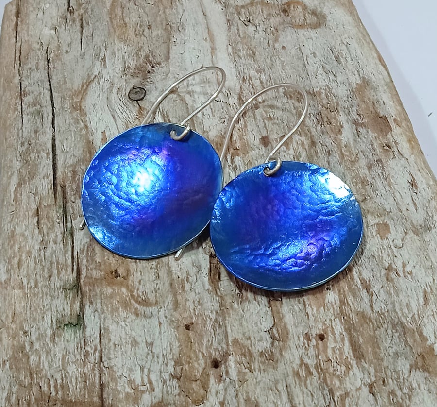 Handmade Blue Coloured Titanium Disc Earrings - UK Free Post