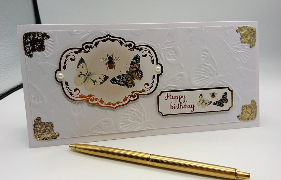 Happy Birthday Card. Summer Butterflies and Busy Bee in Classic White and Gold.