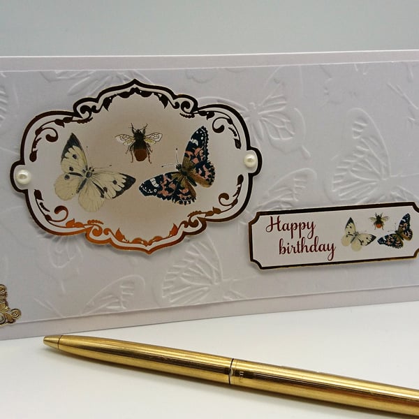 Happy Birthday Card. Summer Butterflies and Busy Bee in Classic White and Gold.