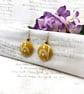 Snowdrop earrings mustard yellow metallic copper accents fabric button jewellery - Image 3