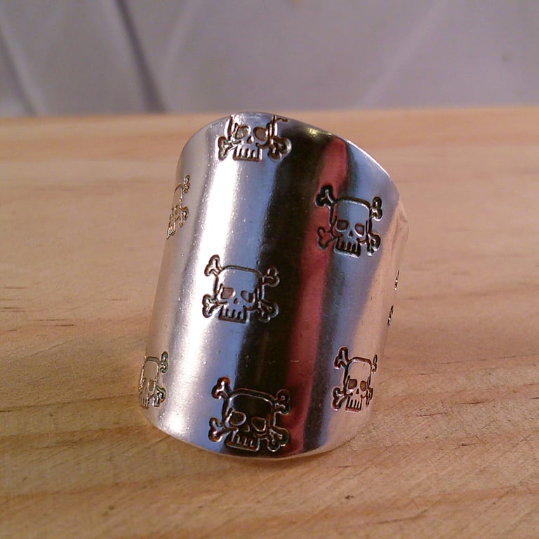 Sterling Silver Upcycled Skull Stamped Spoon Bowl Adjustable Ring