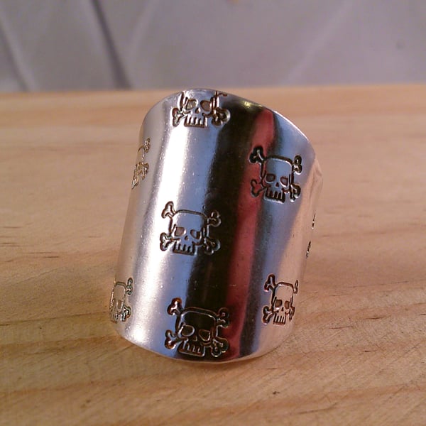 Sterling Silver Upcycled Skull Stamped Spoon Bowl Adjustable Ring