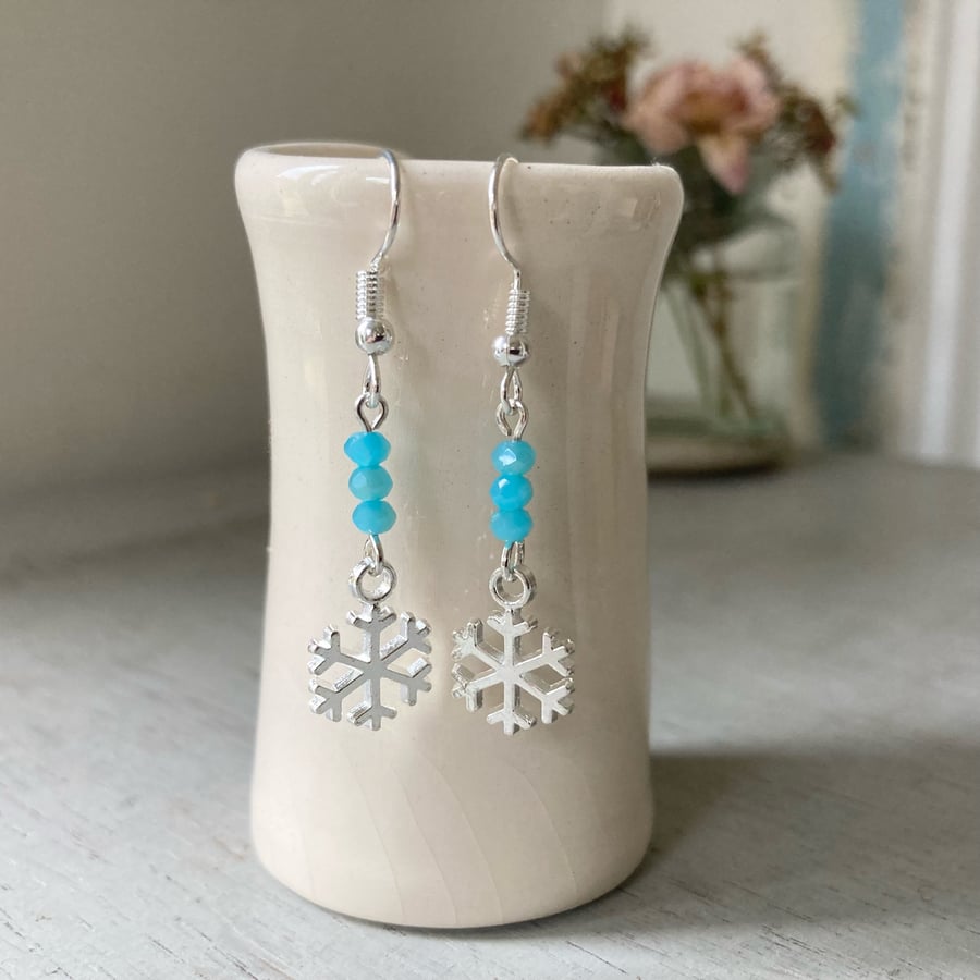 Snowflake earrings with ice blue sparkle beads, winter jewellery