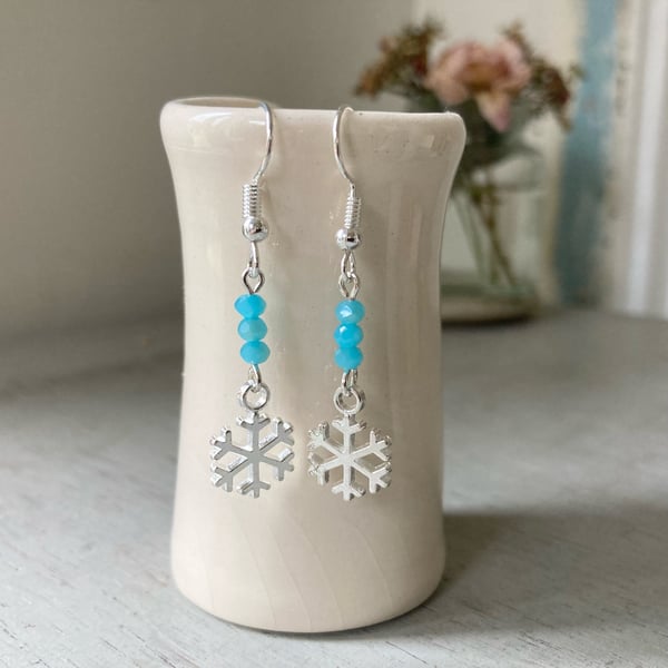 Snowflake earrings with ice blue sparkle beads, winter jewellery, sale