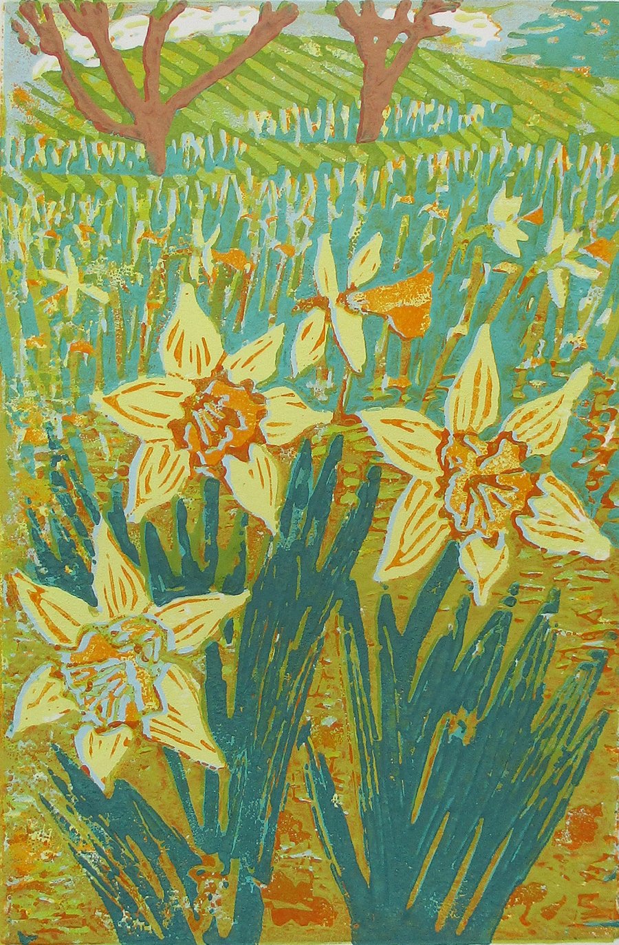 Daffodils - Original Hand Pressed Linocut Print Ltd Edition