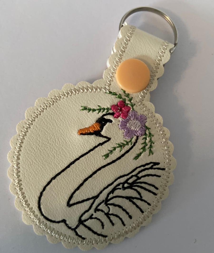 Pretty Swan Embroidered Keyring