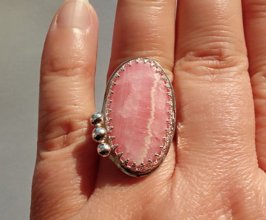 Rhodochrosite Statement Ring Sterling Silver Pink Gemstone Oval Jewellery Gift