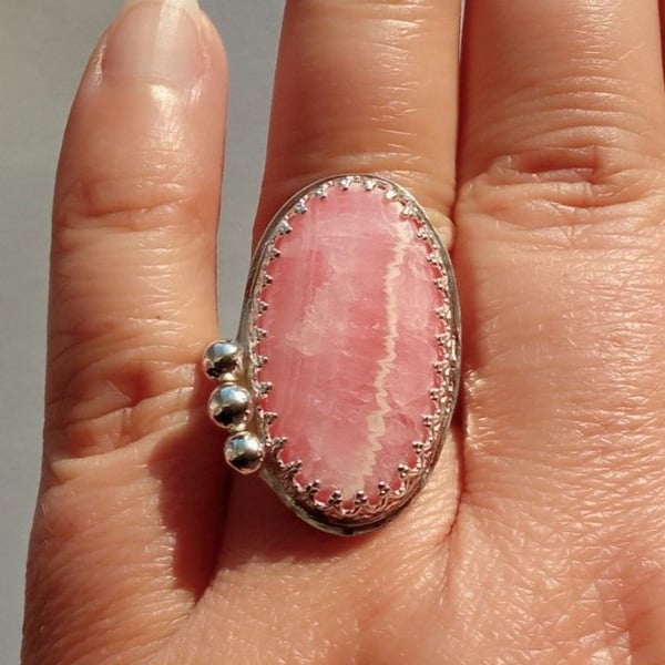 Rhodochrosite Statement Ring Sterling Silver Pink Gemstone Oval Jewellery Gift