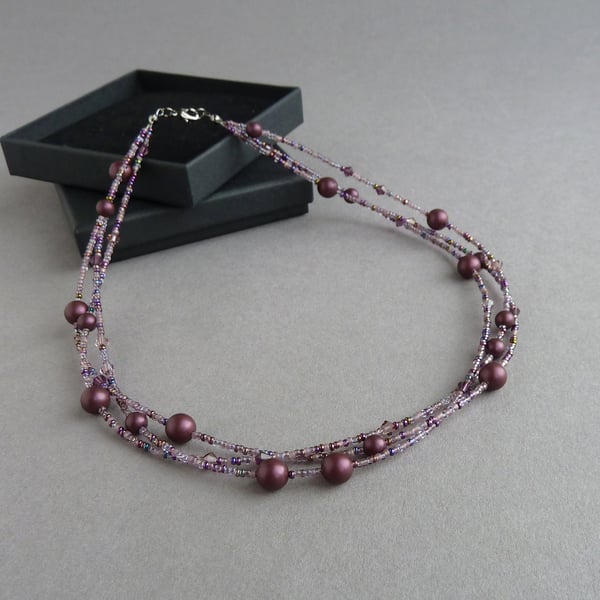 Plum Twisted Pearl Necklace - Mulberry Multi-Strand Necklaces - Jewellery Gifts