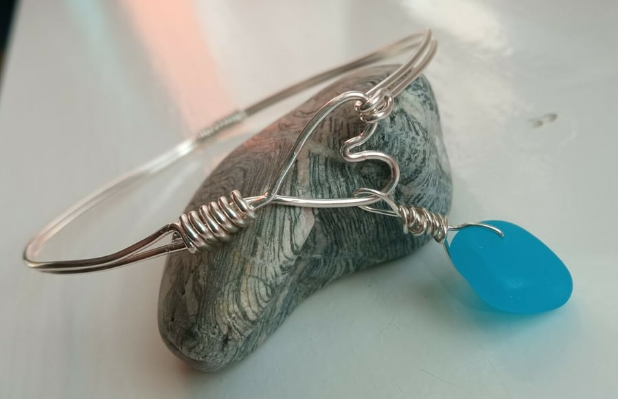 Recycled Silver Handmade Wire Heart Bangle with Blue Seaglass Charm One Size
