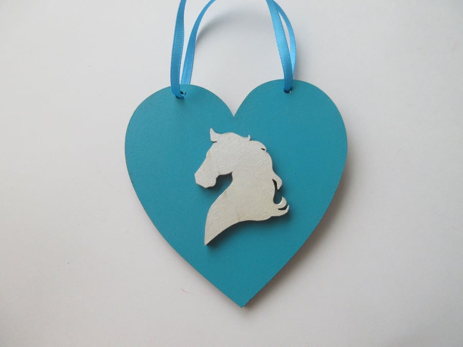 Horse Pony Hanging Decoration Heart White Turquoise