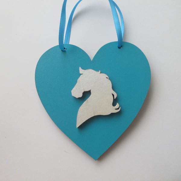 Horse Pony Hanging Decoration Heart White Turquoise