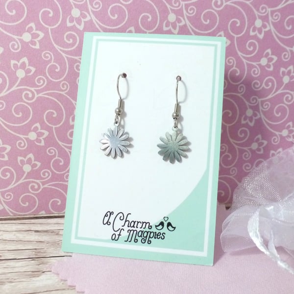 Tiny steel daisy dangle earrings, dainty flower earrings for women