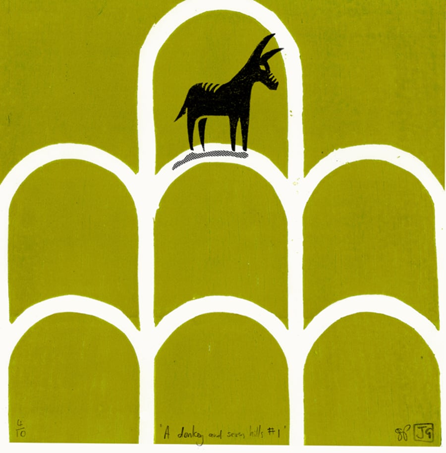 A Donkey And Seven Hills No.1 woodcut & screen-print (30cm square)