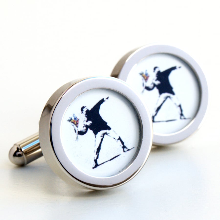 Banksy Cufflinks Youth Throwing Flowers Street Art