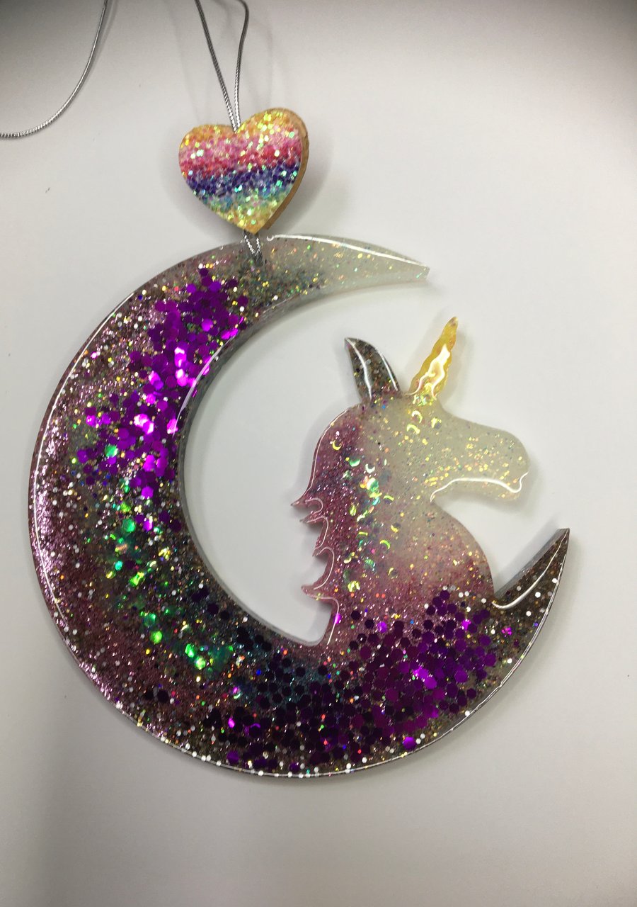 Unicorn, Crescent, sparkly, multicolour glitter, resin, wall hanging, kids room